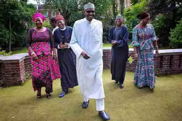 Longer Video Of President Buhari In London Cracking Jokes With Lai Mohammed, Others Surfaced (Watch)
